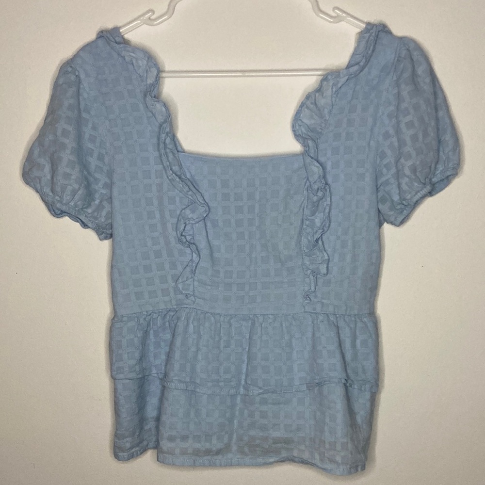 SO Cotton Blue Gingham Romantic Ruffled Puff Sleeve Women's Top Size Medium